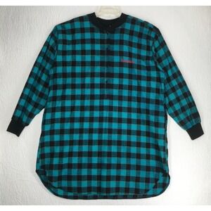 Vintage Bloomie's Flannel Sleep Shirt Women Size L Long Sleeve Teal Plaid